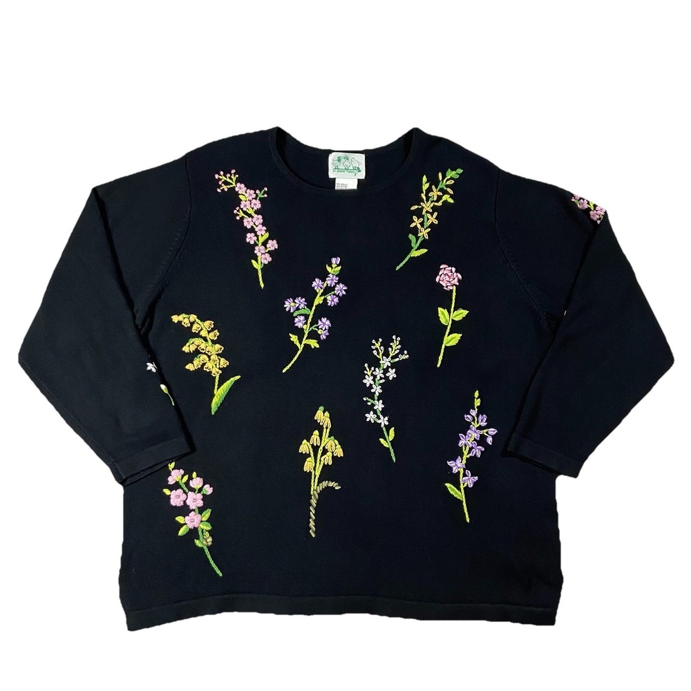 Quacker Factory Floral Embroidered Long Sleeve Sweater Black Women's 1X Gardener - Picture 1 of 15